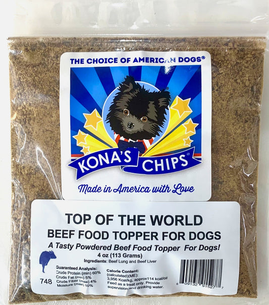Kona's Chips Beef Food Topper 4 oz in clear packaging with a label featuring a black dog