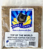 Kona's Chips Beef Food Topper 4 oz in clear packaging with a label featuring a black dog