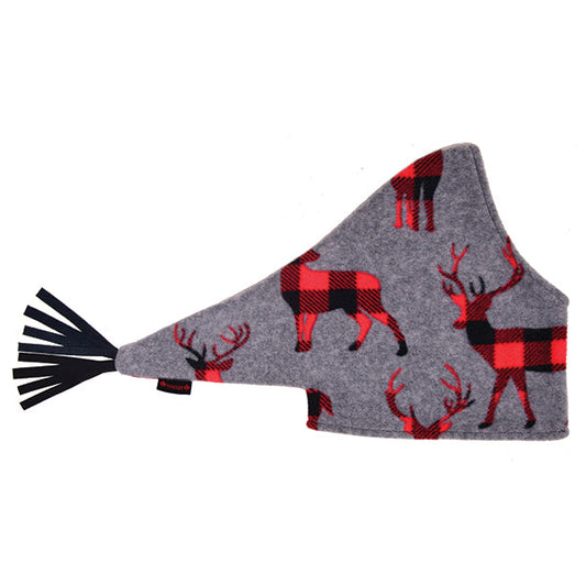 Grey fleece hat with red and black plaid deer pattern and black tassels