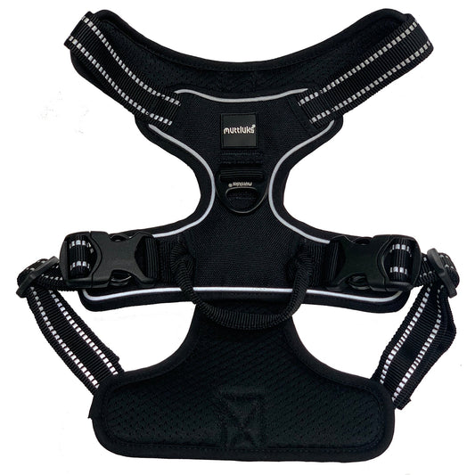 Muttluks black dog harness with reflective stripes and adjustable buckles