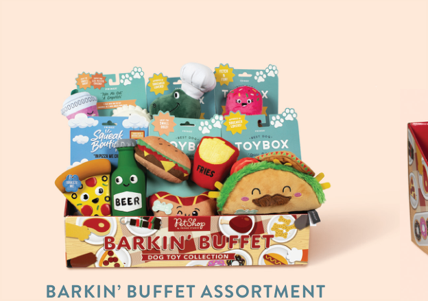 Fringe Studio Barkin Buffet Assortment dog toys including pizza, beer, hot dog, fries, hamburger, taco