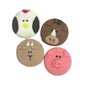 Four round animal-themed cookies: a white chicken, a brown horse, a tan goat, and a pink pig