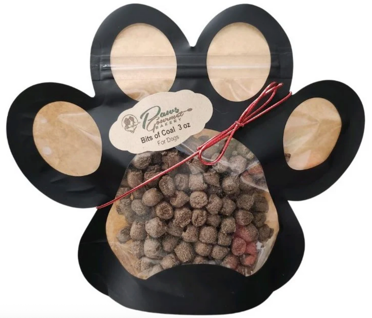 Paws Gourmet Bakery Bits of Coal 3 oz dog treats in a paw-shaped bag