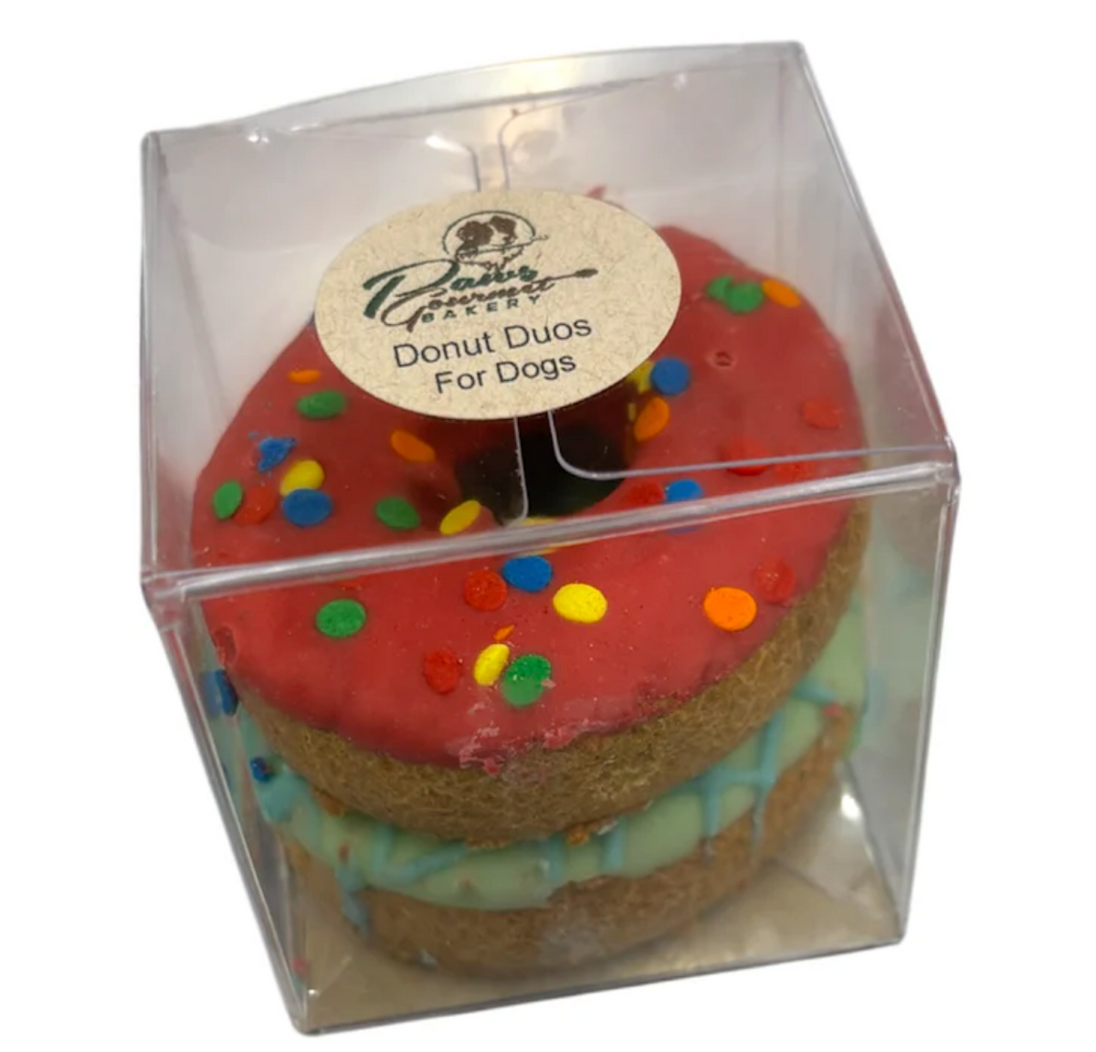 Paws Gourmet Bakery Donut Duos for Dogs, red and green donuts with sprinkles in a clear box