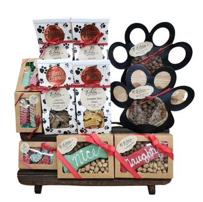 Paws Gourmet Bakery Holiday Christmas Seasonal Decorated dog treats and gift boxes