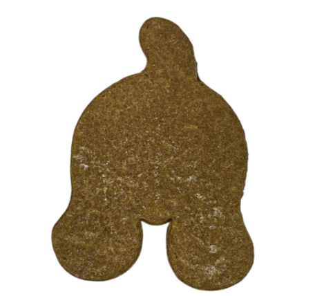 Brown dog biscuit in the shape of a dog's rear end with a tail