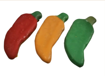 Paws Gourmet Bakery Year Round- Custom Treats (Special Order) in red, orange, and green chili pepper shapes