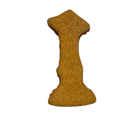 A brown dog treat shaped like a bone with a wider top and bottom and a narrower middle