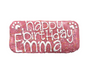Pink dog treat with white icing that says Happy Birthday Emma and sprinkles