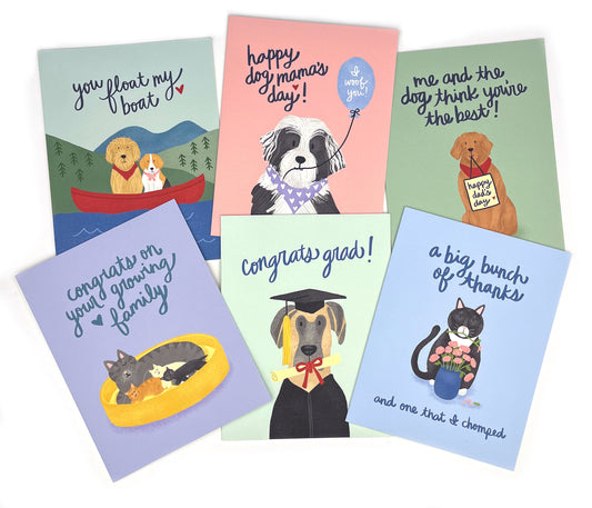 Six greeting cards for various occasions, featuring illustrations of dogs and cats