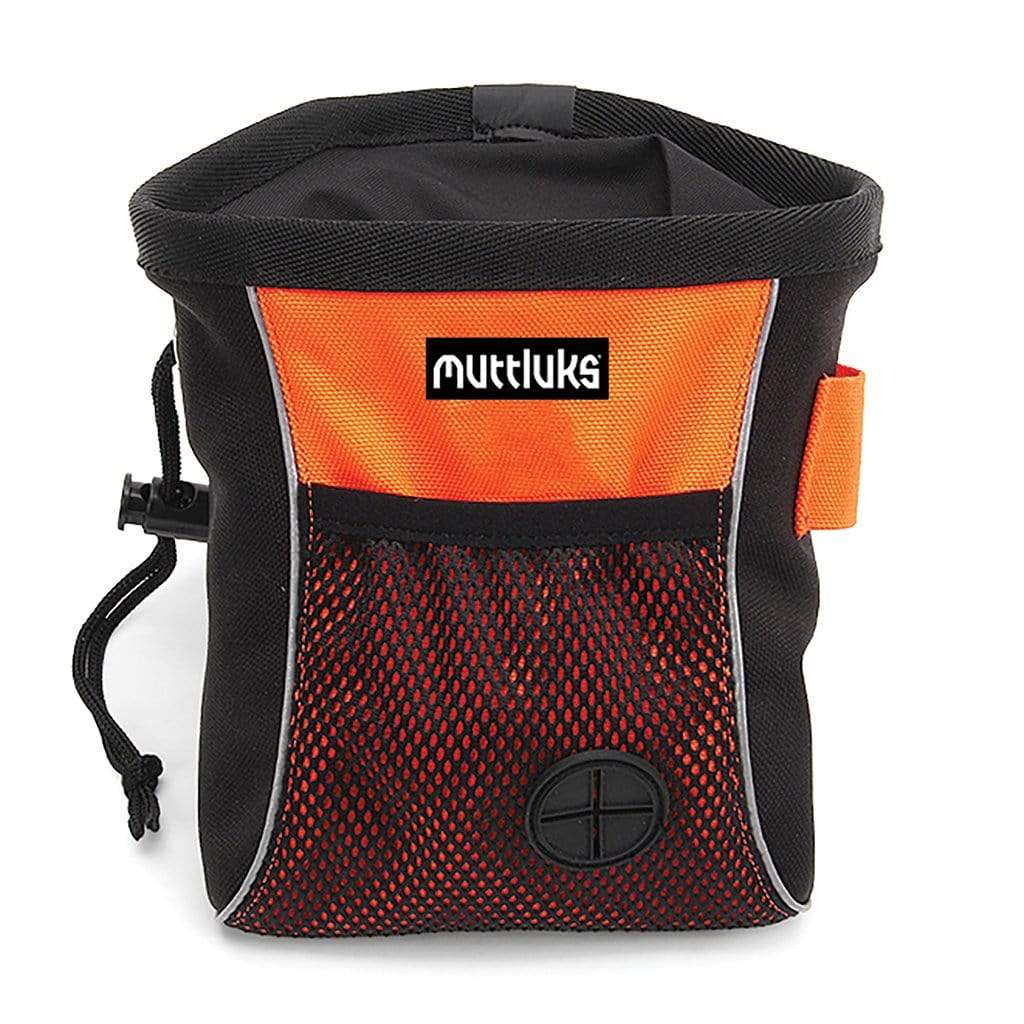 Muttluks black and orange treat bag with mesh pocket and drawstring closure