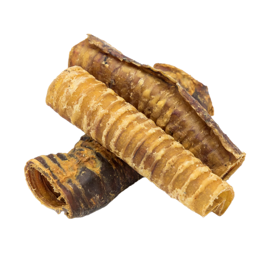 Three dried beef trachea chews for dogs
