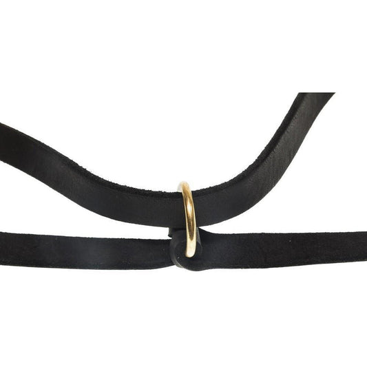 Black leather strap with a gold ring connecting two pieces