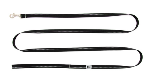 Black dog leash with reflective stitching and a silver clip