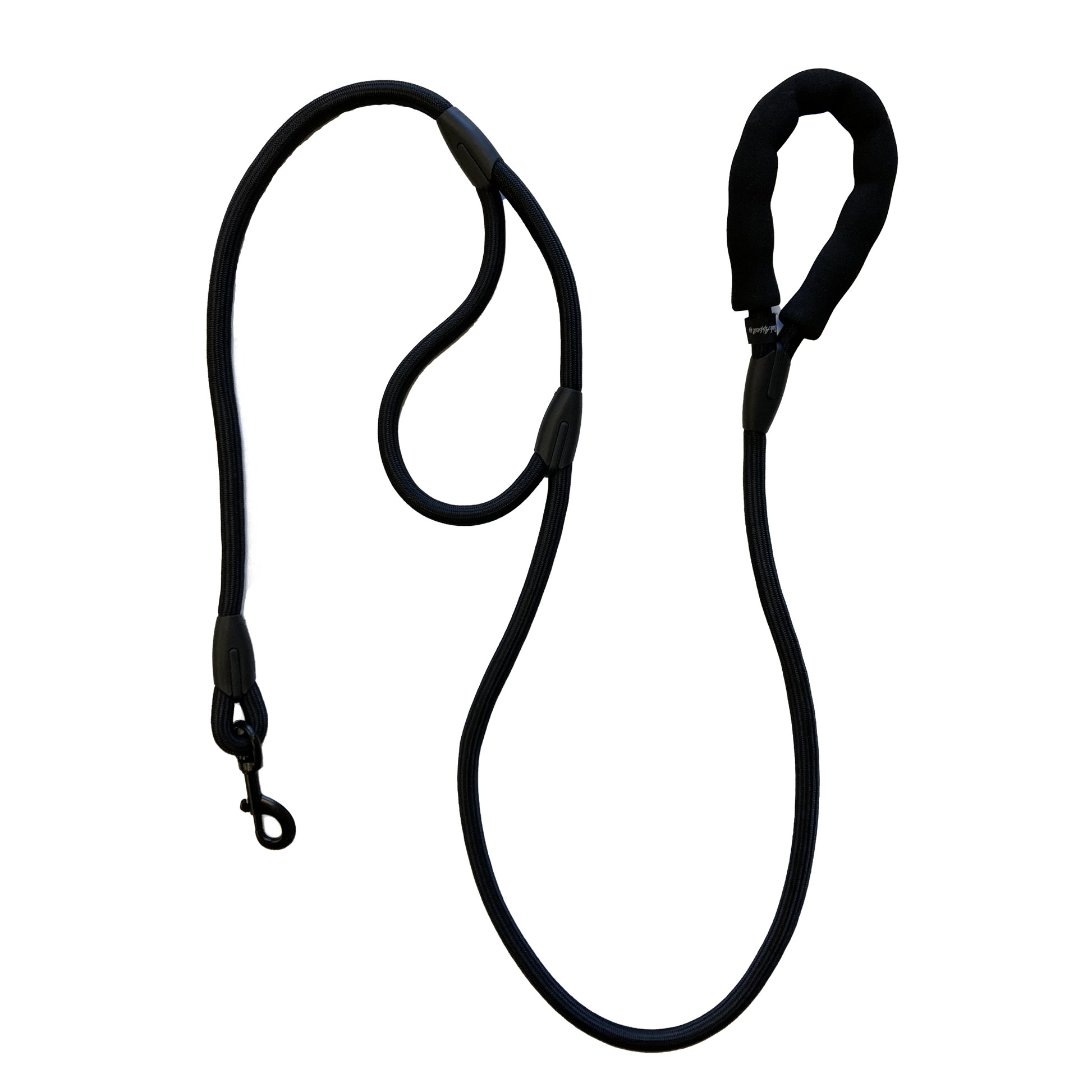 Black dog leash with a padded handle and a metal clip