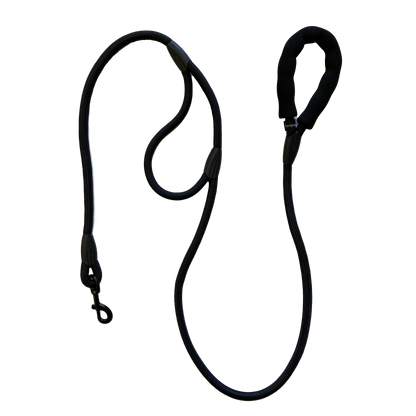 Black dog leash with a padded handle and a metal clip