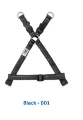Black dog harness with silver metal rings and buckles