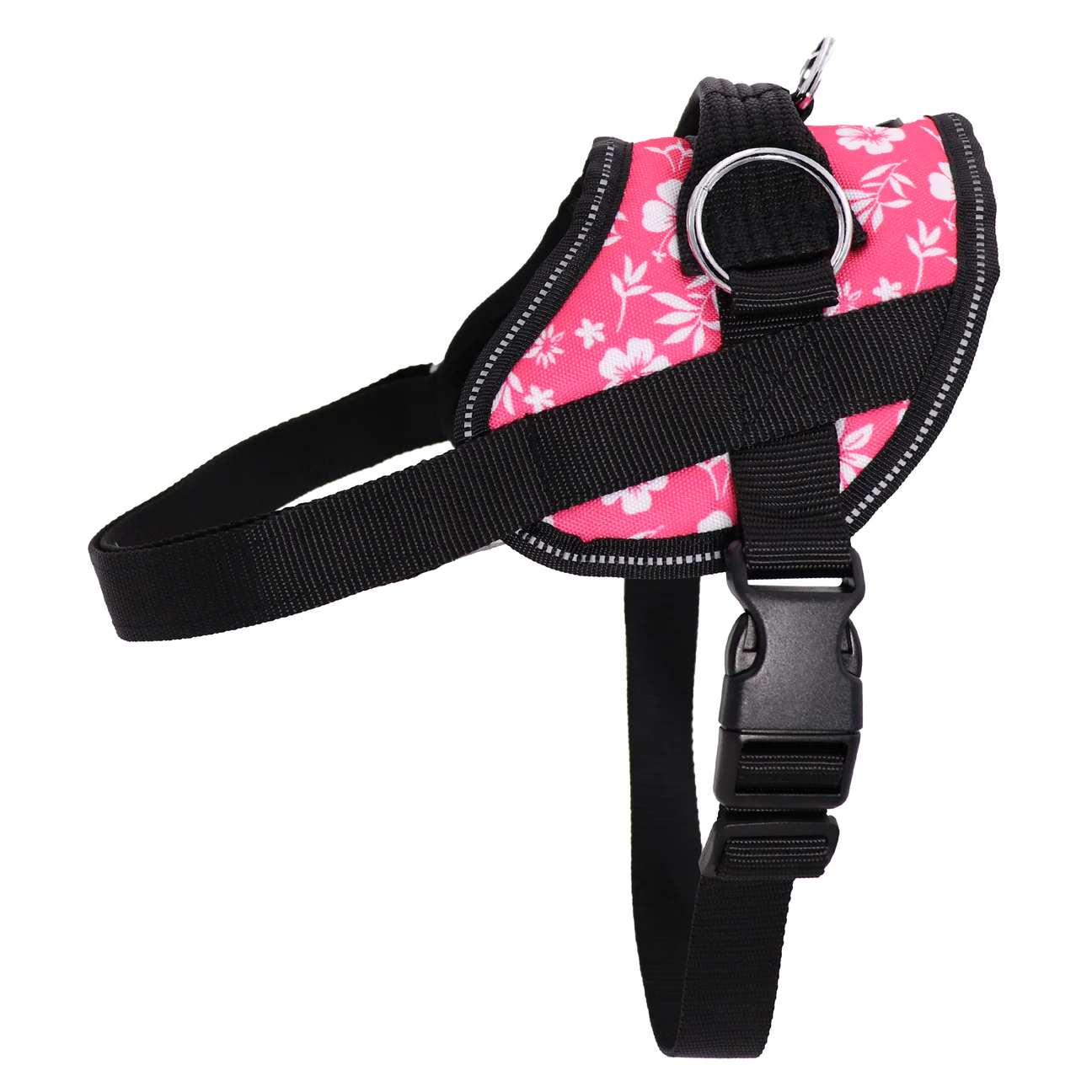 Pink floral dog harness with black straps and buckle