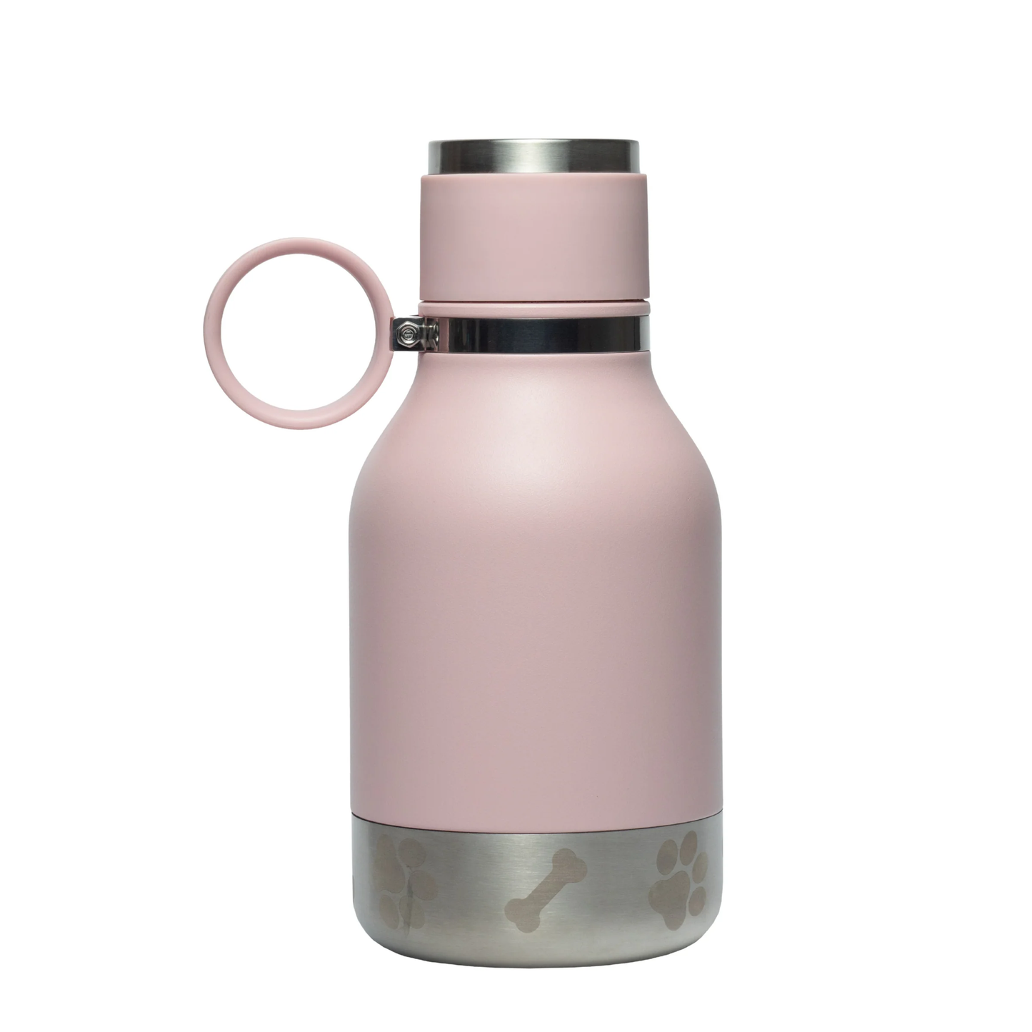Pink stainless steel water bottle with a silver base and a pink ring handle