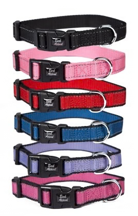 Six Bark Appeal dog collars in black, pink, red, blue, lavender, and fuchsia