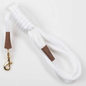 White dog leash with brass snap hook and brown leather accents