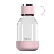 Asobu light pink and clear glass water bottle with a handle