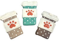 Three coffee cup shaped dog treats with paw print design