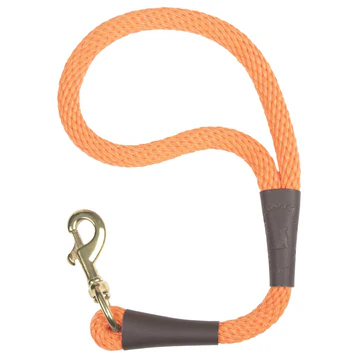 Orange rope dog leash with a brass clip and dark brown accents