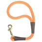 Orange rope dog leash with a brass clip and dark brown accents