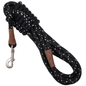 Black rope dog leash with white flecks, a silver clip, and a brown leather accent