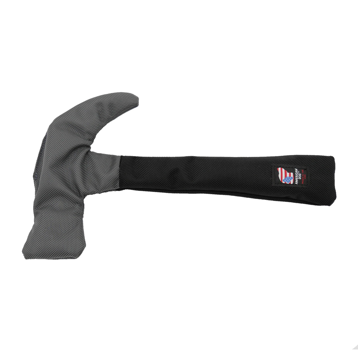 American Dog Armor Toys hammer-shaped dog toy in gray and black with a logo on the handle