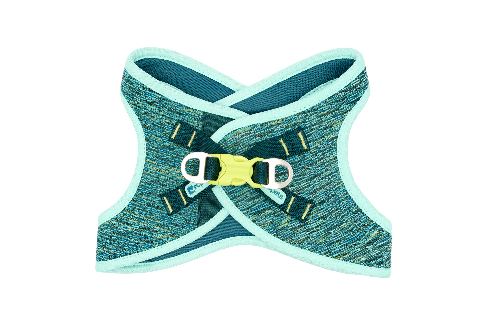 RC Pets Cirque dog harness in blue and green knit with a yellow buckle
