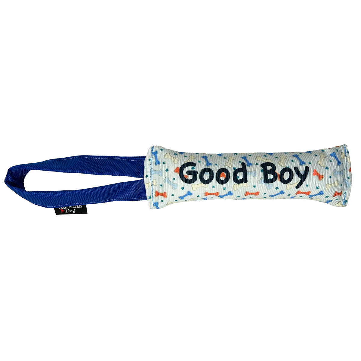 Good Boy dog toy with blue handle and bone pattern