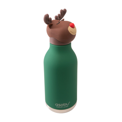 Asobu Reindeer water bottle in green with a brown reindeer head lid and red nose
