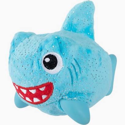 Blue plush shark toy with glitter, white eyes, and red mouth with white teeth