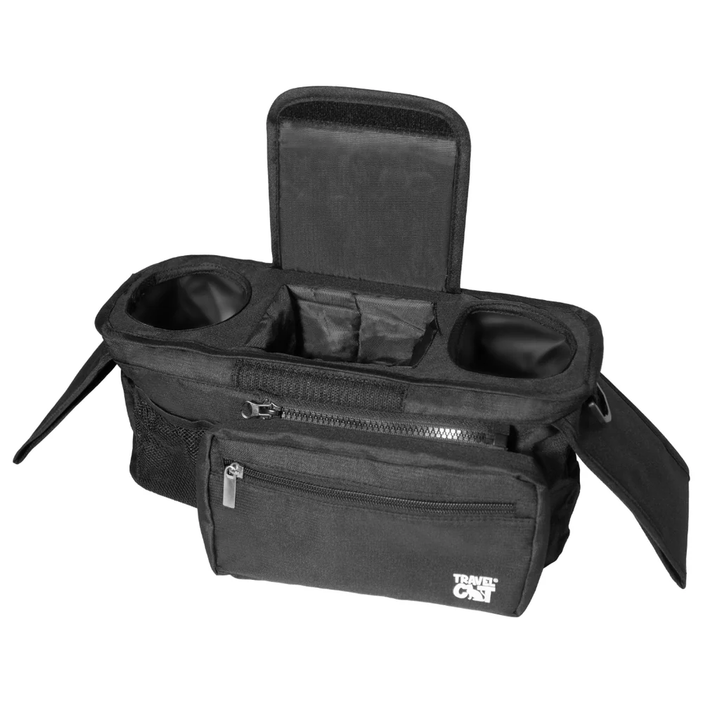 Travel Cat Stroller Caddy, black, with two cup holders and multiple zippered compartments