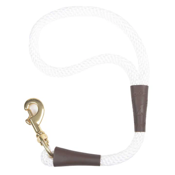 White rope lead with brass clip and brown leather accents