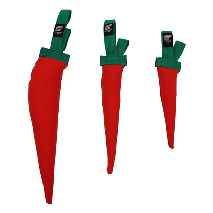Three red American Dog Fire Hose Chili Pepper dog toys with green stems and loops