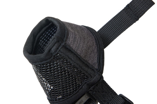 Black fabric dog muzzle with mesh front and adjustable strap