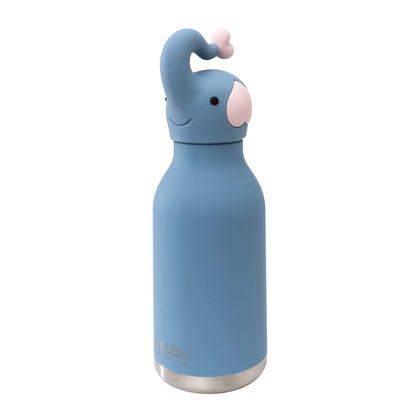 Asobu Bestie Animal Bottle 16oz, blue elephant design with pink ears and trunk tip, stainless steel base