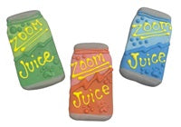Three Zoom Juice can-shaped dog toys in green, orange, and blue