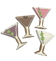 Four martini glass shaped cookies with frosting and olive decorations