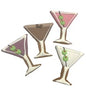 Four martini glass shaped cookies with frosting and olive decorations