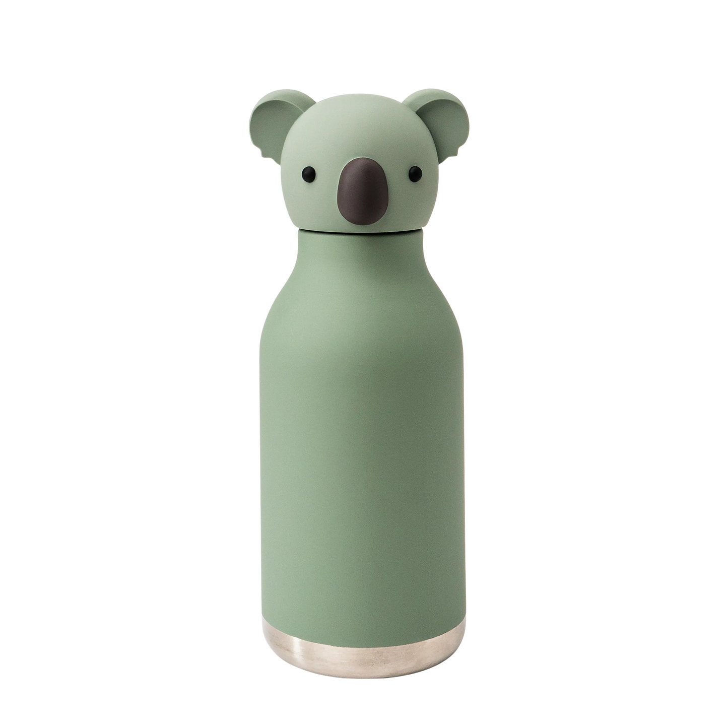 Green koala-shaped water bottle with a brown nose and black eyes, and a silver base
