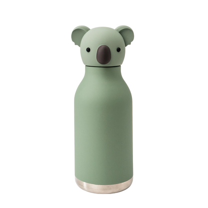 Green koala-shaped water bottle with a brown nose and black eyes, and a silver base