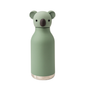 Green koala-shaped water bottle with a brown nose and black eyes, and a silver base