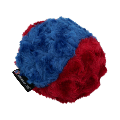 American Dog Nuggles Toy, a plush red and blue ball with a black tag