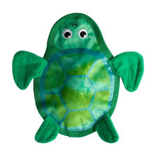 Green turtle dog toy with a blue and green shell pattern