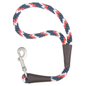 Red, white, and blue braided rope dog leash with a silver metal clip and brown leather accents