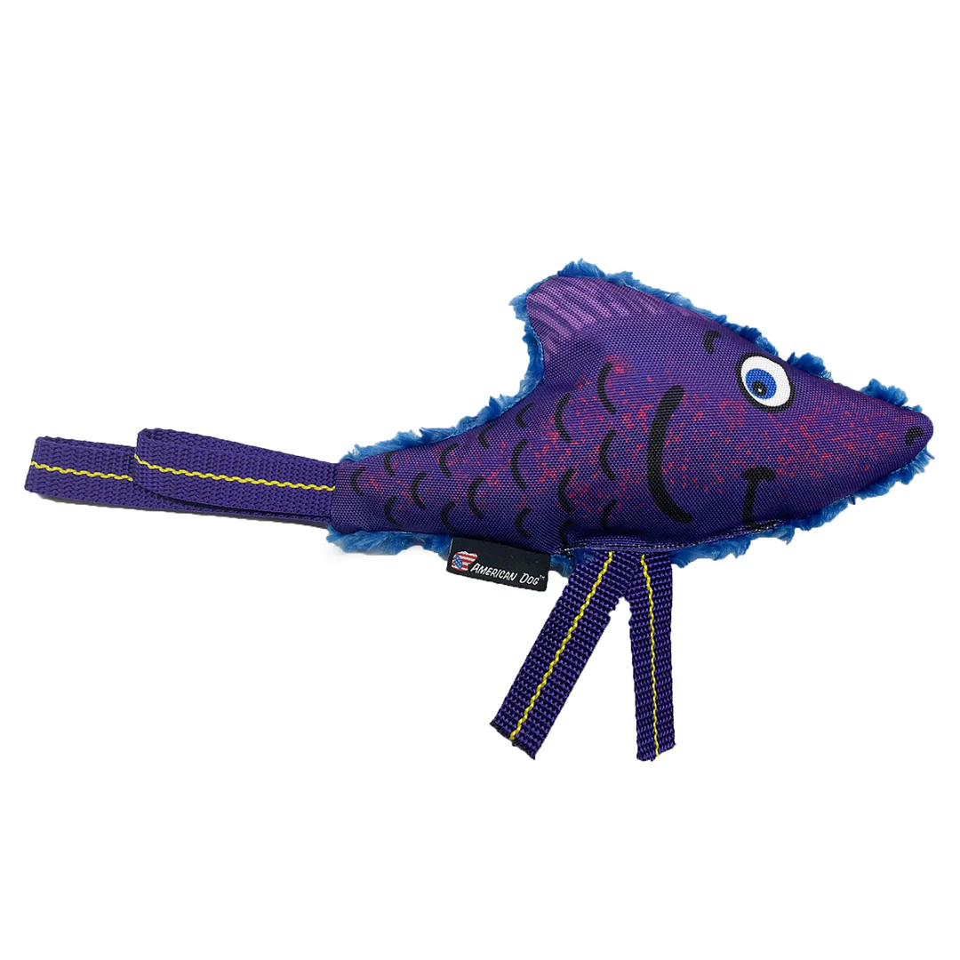 American Dog purple fish dog toy with blue trim and yellow stitching